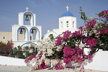 Santorini island church, white, blue and purple colors