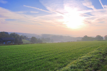 Sonnenaufgang früh morgens an einer Wiese