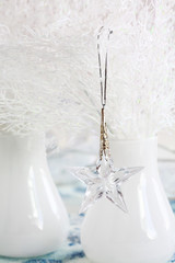 Christmas ornaments in blue and white tone