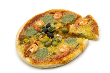 slice pizza with shrimp on white background