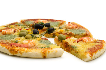 slice pizza with shrimp on white background