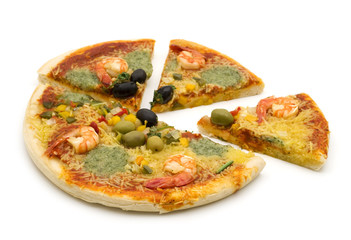 slice pizza with shrimp on white background