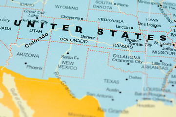 Close up of United States on map