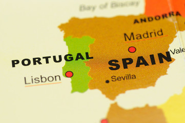 Close up of Portugal and Spain on Map