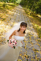 The bride against autumn avenue