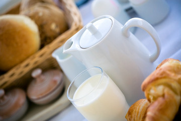 Fresh breakfast: fresh breads, hot coffee, milk and homemade jam