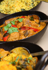 Lamb korma with rice and vegetable curry.