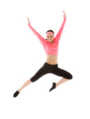 Fototapeta na wymiar picture of happy jumping girl over white