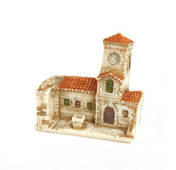 Small ceramic church with bevel bell tower (isolated)