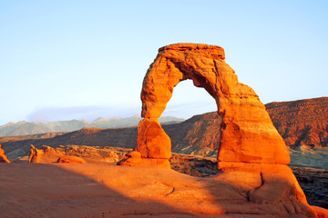 Sunset at Delicate Arch in Arches National Park near Moab, Utah.