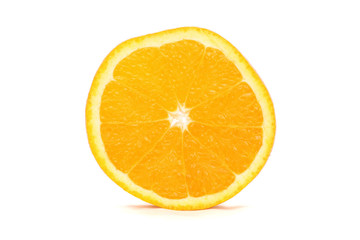 Orange sliced into single pieces stand on white background.