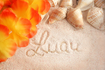 hawaiian beach background with words luau on  tropical sand