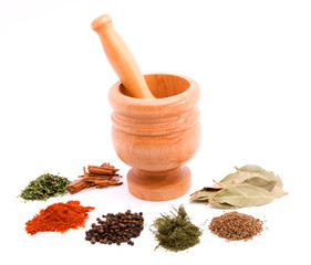 mortar and herb spices studio isolated