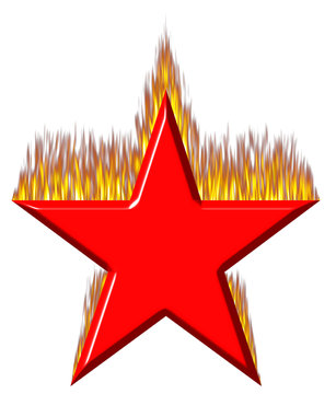 3d red star on fire isolated in white