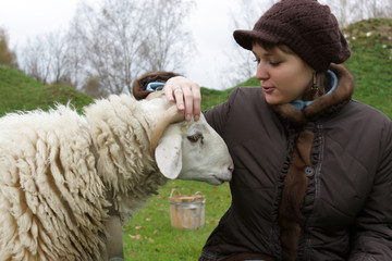 The girl speaks with a sheep on lawn