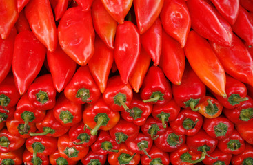 Display of red coloured peppers in market in Europe