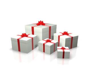 3D Render. Several white gift boxes with red ribbons