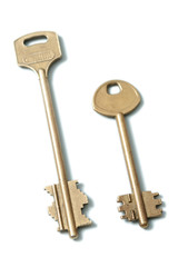 Two gold keys on a white background
