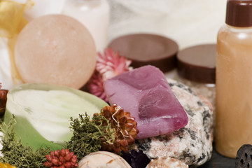 rock, spa soaps, flowers and rocks