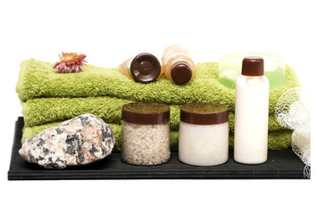 isolated on white spa elements, towels and rock