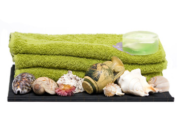 shells, towels and soap on white