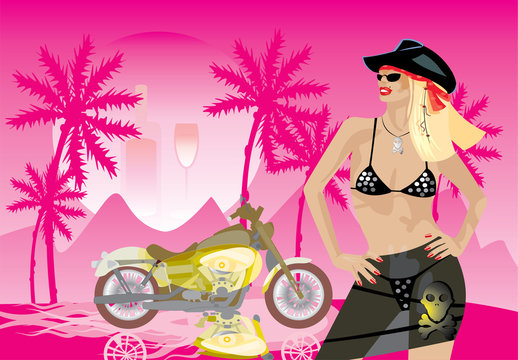 vector image of bikergirl with black cowboy hat