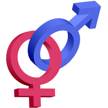 Red and blue male female 3D symbols interlocked
