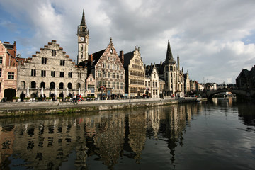 Fototapeta na wymiar Beautiful Belgian town of Ghent and its reflection in river Leie