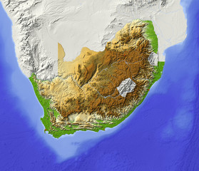 South Africa. Shaded relief map, colored for elevation