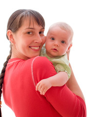 Happy baby with mom isolated on white