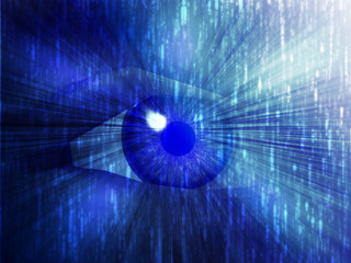 Electronic eye with glowing energy effects, digital illustration