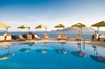 Fototapeta na wymiar Poolside at a resort in the Turkish Mediterranean.