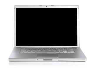 Wide screen silver laptop computer over a white background.