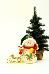 Cristmas card with snowman and cristmas-tree