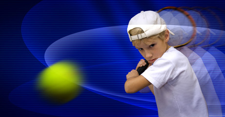The boy is playing tennis, discourages the ball