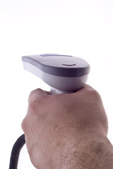 Men's hand with barcode scaner