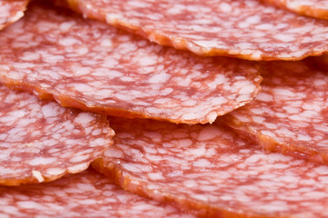 The sausage cut by slices on a dish