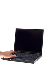 men's hand on laptop on white background