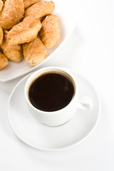 Appetizing pie and cup of coffee on a white background