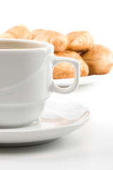 Appetizing pie and cup of coffee on a white background