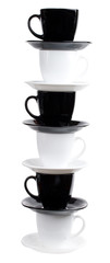 tower from six black and white coffee cups and saucers