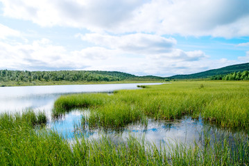 Obraz na płótnie Canvas north mountain lake and green grass
