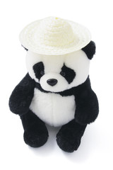 Soft Toy Panda Wearing Straw Hat on White Background