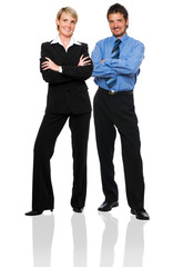 young business couple standing on white background