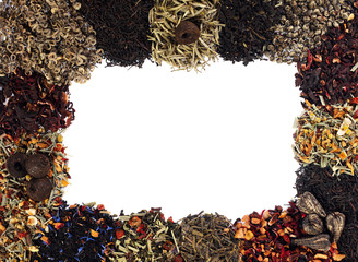 Tea herb frame mix closeup on white