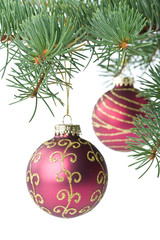 Fir tree branch with decoration on a white background.