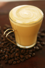 Latte and coffee beans