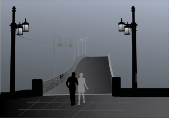 couple, bridge and mist