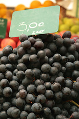 Pile of fresh and juicy dark grapes with a price tag