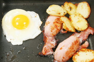Egg bacon and potatoes frying in a pan